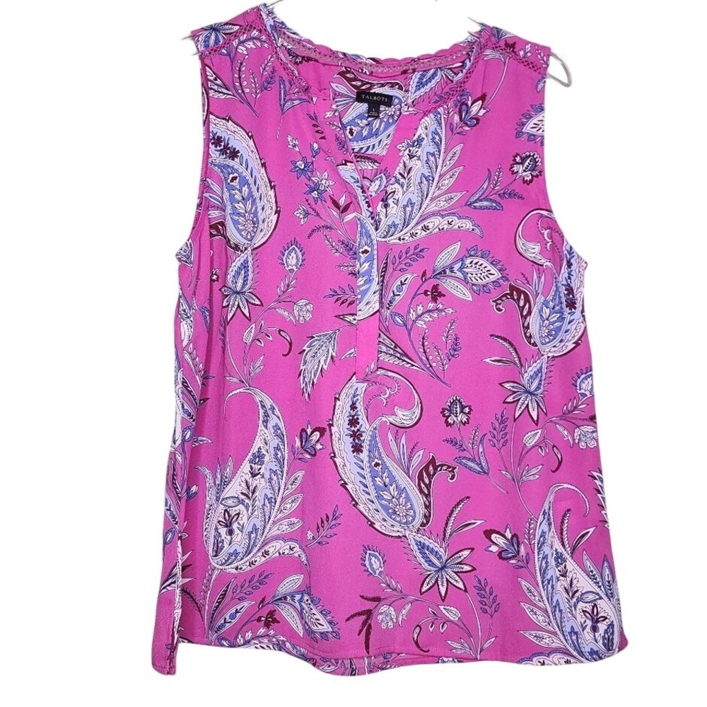 Talbots Pink Paisley Sleeveless Top Split Neck Flowy Preppy Classic Large‎